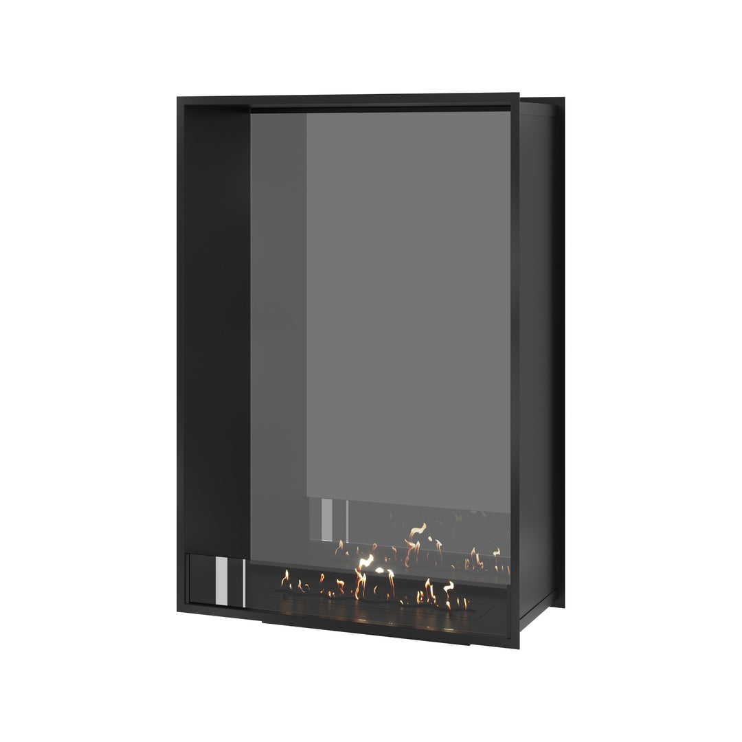 Bioethanol Tunnelkamin FAME Vertikal Halb-Vollglas 90x120 cm in Schwarz, Perspektivansicht mit Vollglasseite auf weißem Hintergrund