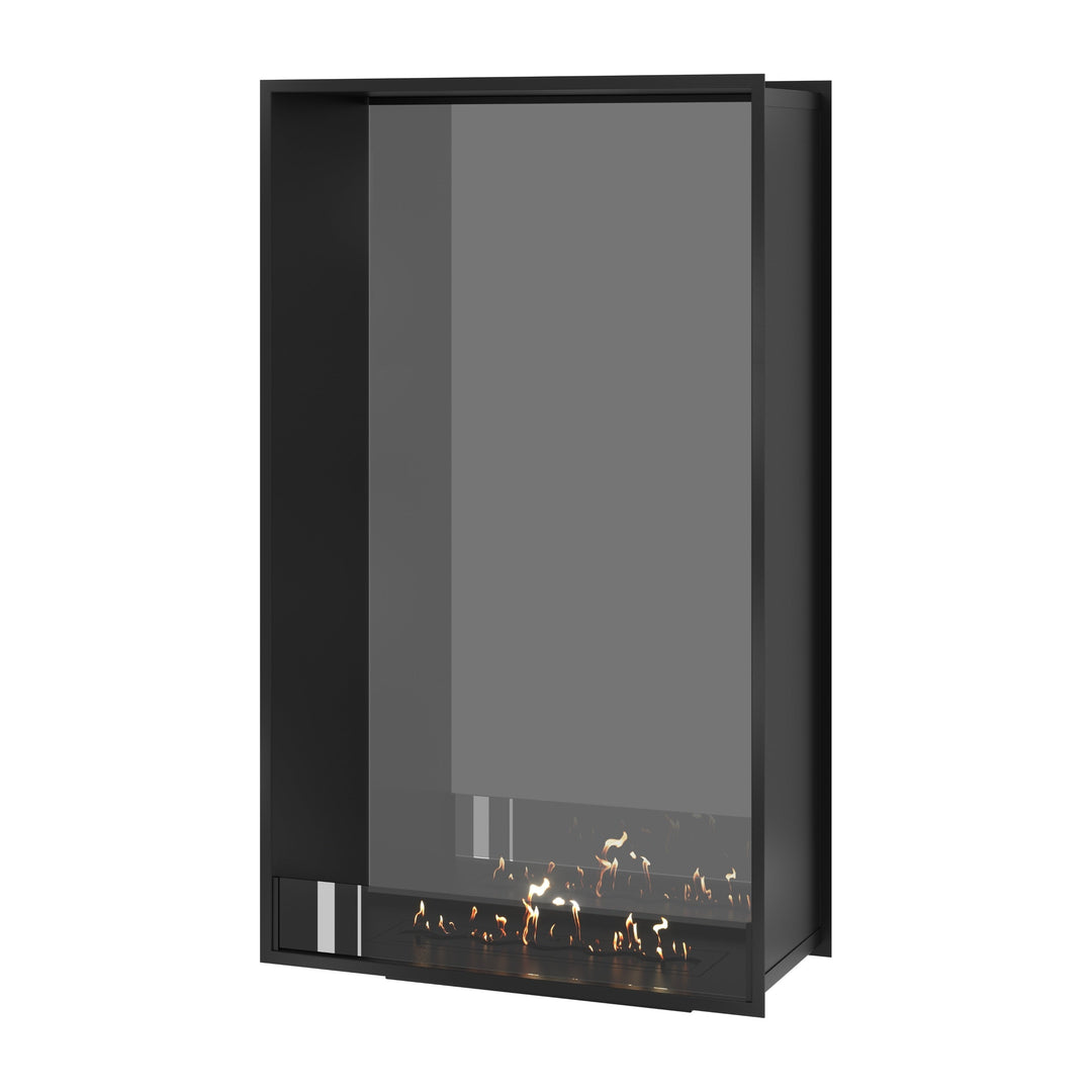 Bioethanol Tunnelkamin FAME Vertikal Halb-Vollglas 90x180 cm in Schwarz, Perspektivansicht mit Vollglasseite auf weißem Hintergrund