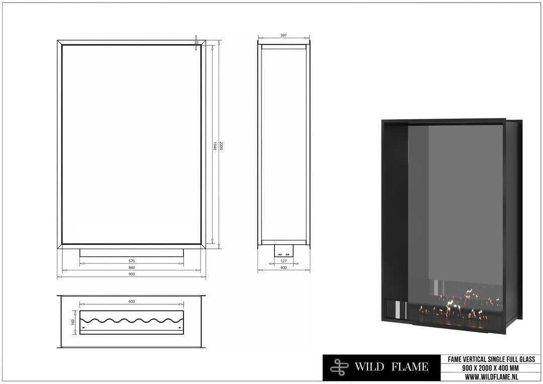 Bioethanol Tunnelkamin FAME Halb-Vollglas Vertikal 90x200 technische Zeichnung mit Maßen 900 x 2000 x 400 mm