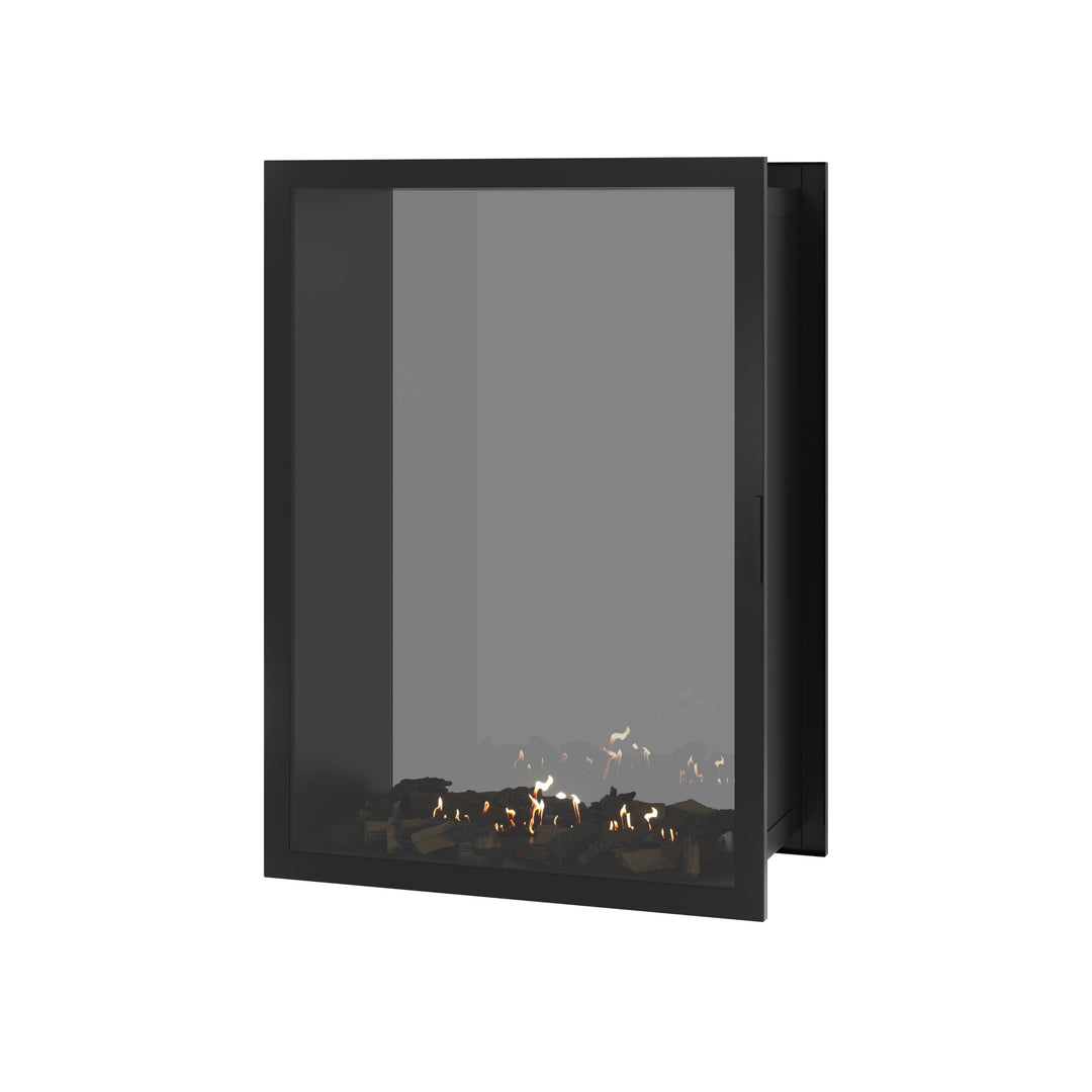 Bioethanol Einbau Tunnelkamin FAME Vertikal 100x100 cm mit Vollverglasung in Schwarz, Perspektivansicht mit geschlossener Glastür auf weißem Hintergrund