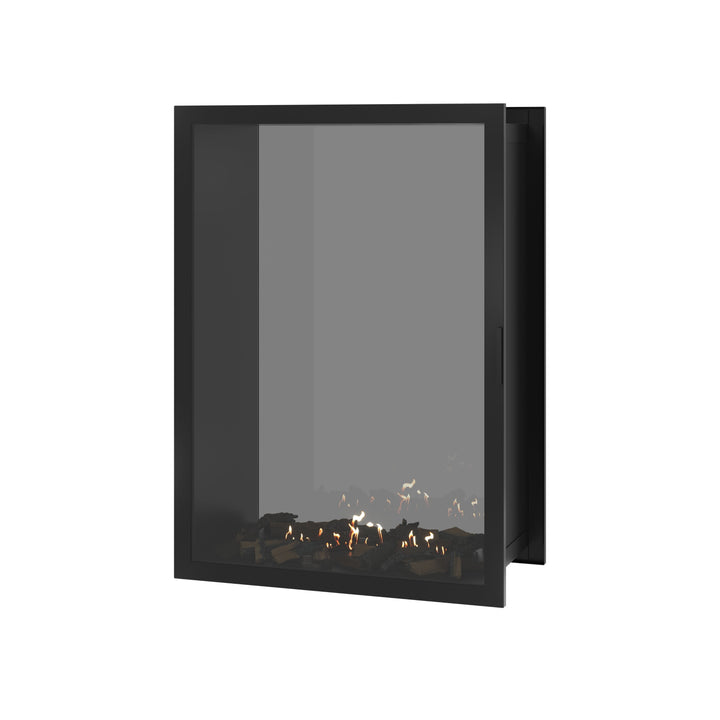 Bioethanol Einbau Tunnelkamin FAME Vertikal 100x100 cm mit Vollverglasung in Schwarz, Perspektivansicht mit geschlossener Glastür auf weißem Hintergrund