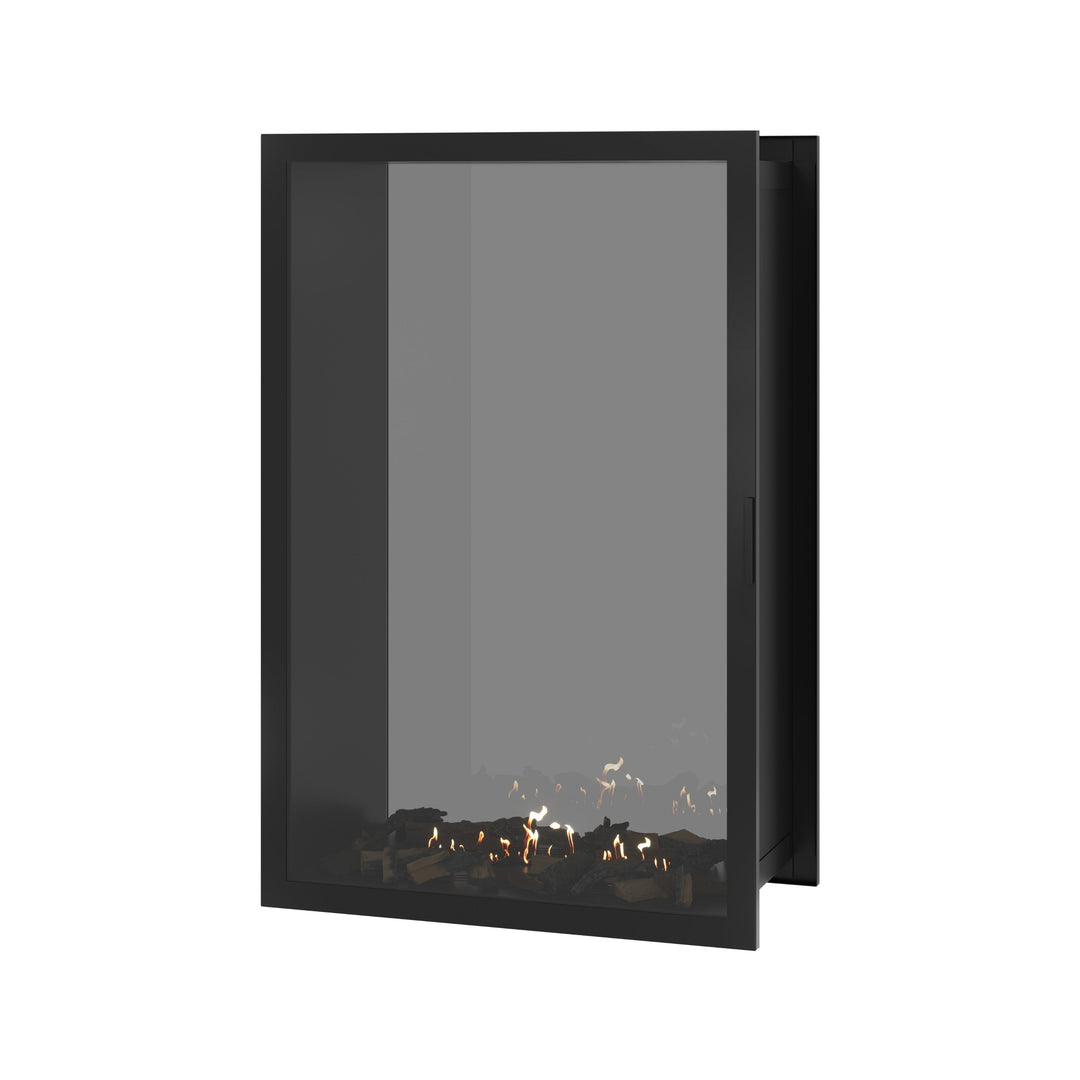 Bioethanol Einbau Tunnelkamin FAME Vertikal 100x120 cm mit Vollverglasung in Schwarz, Perspektivansicht mit geschlossener Glastür auf weißem Hintergrund