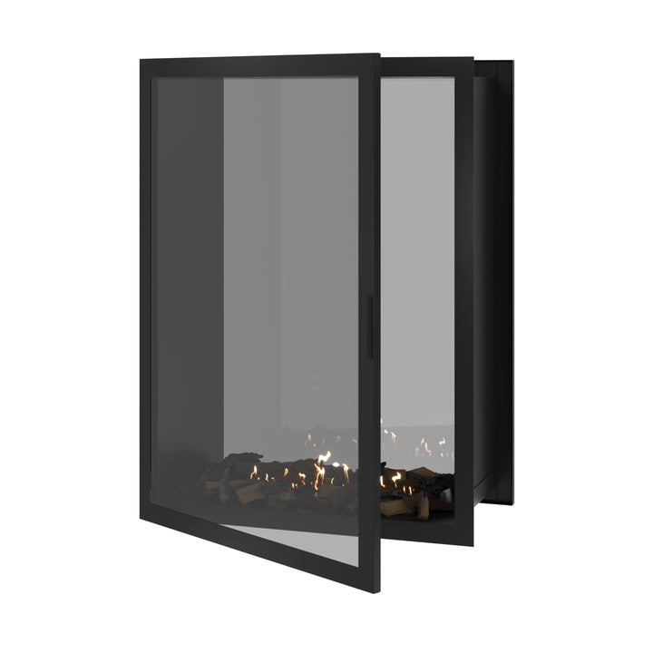 Bioethanol Einbau Tunnelkamin FAME Vertikal 100x120 cm mit Vollverglasung in Schwarz, Perspektivansicht mit geöffneter Glastür auf weißem Hintergrund