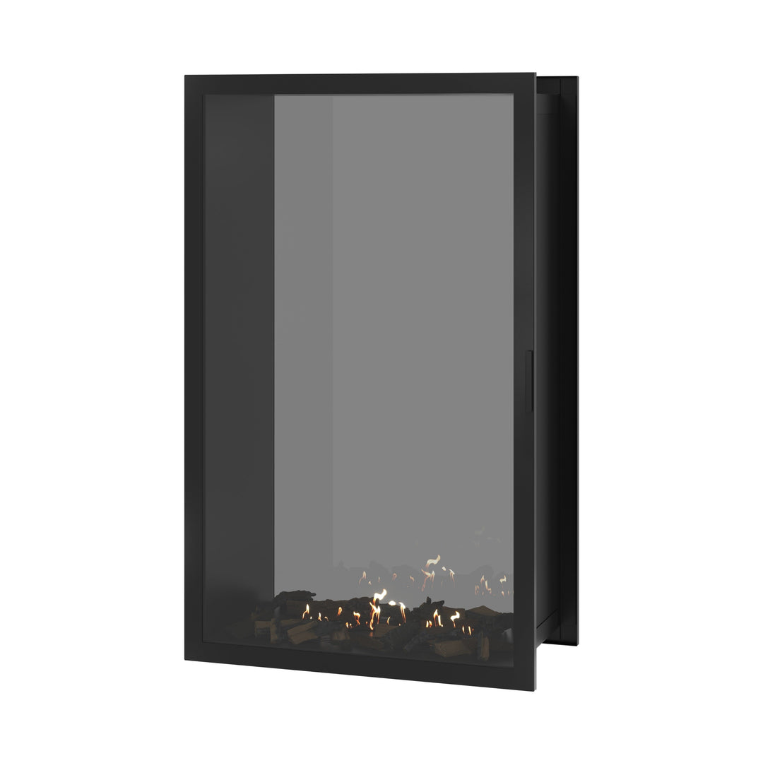 Bioethanol Einbau Tunnelkamin FAME Vertikal 100x140 cm mit Vollverglasung in Schwarz, Perspektivansicht mit geschlossener Glastür auf weißem Hintergrund