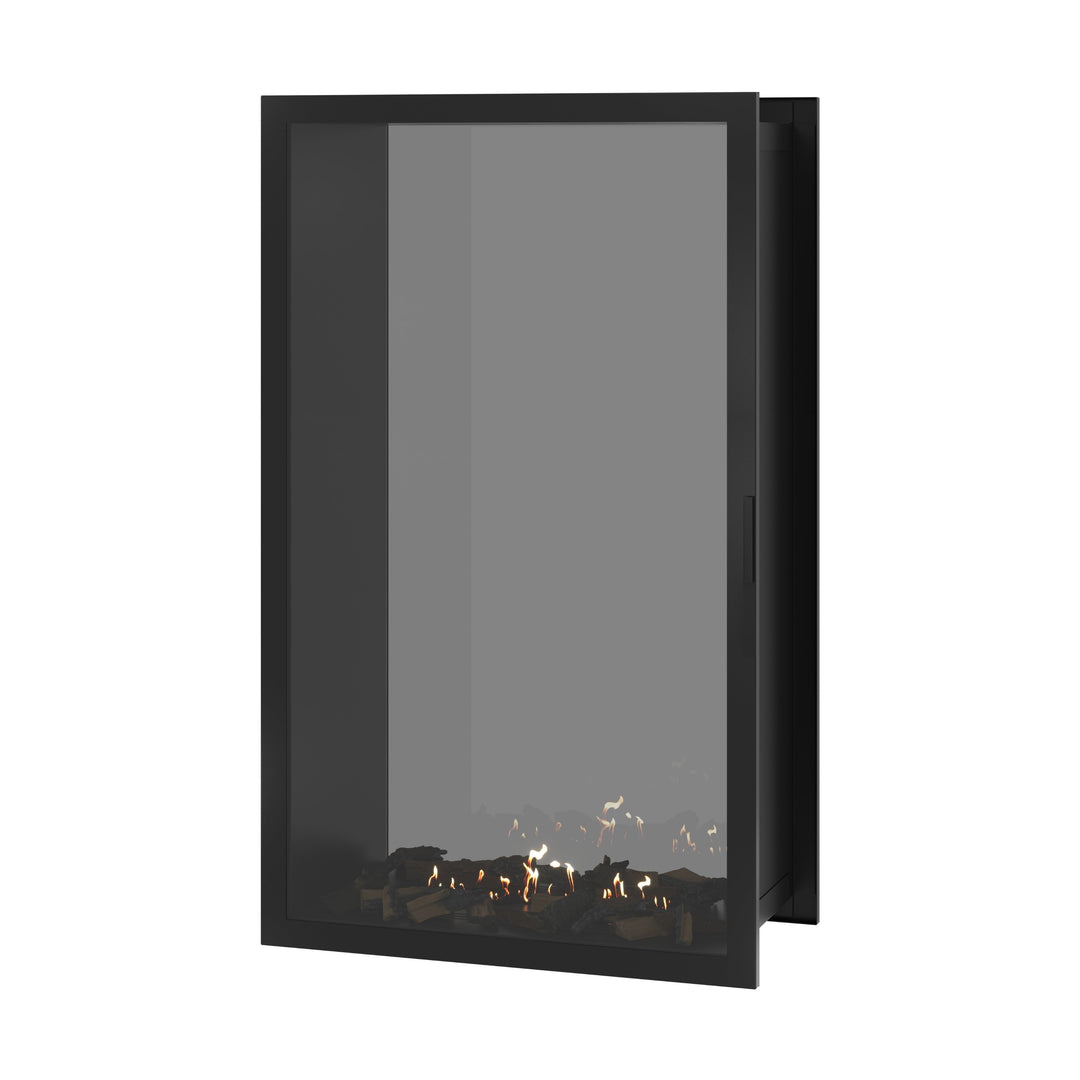 Bioethanol Einbau Tunnelkamin FAME Vertikal 100x160 cm mit Vollverglasung in Schwarz, Perspektivansicht mit geschlossener Glastür auf weißem Hintergrund