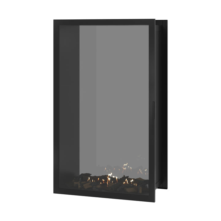 Bioethanol Einbau Tunnelkamin FAME Vertikal 100x160 cm mit Vollverglasung in Schwarz, Perspektivansicht mit geschlossener Glastür auf weißem Hintergrund