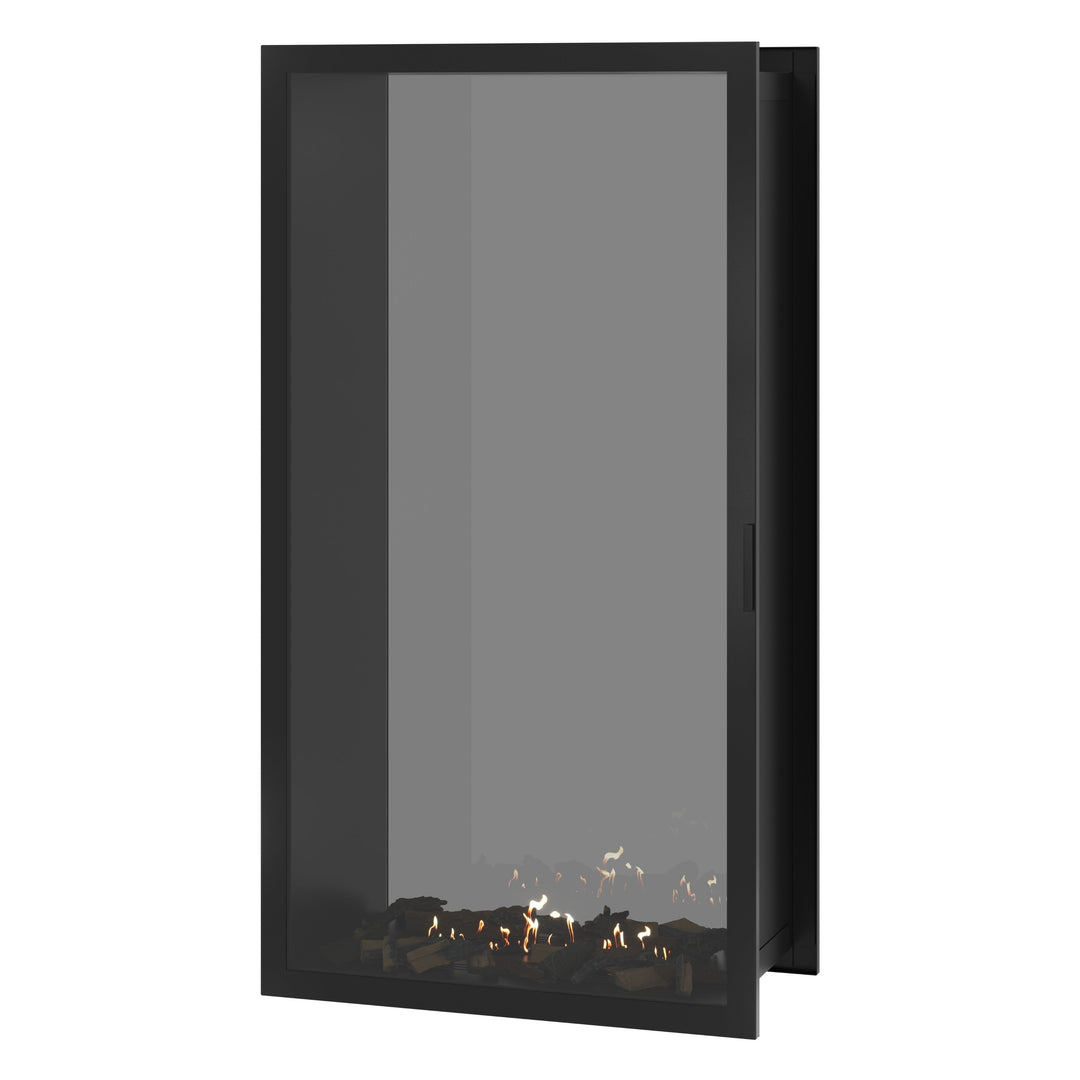 Bioethanol Einbau Tunnelkamin FAME Vertikal 100x200 cm mit Vollverglasung in Schwarz, Perspektivansicht mit geschlossener Glastür auf weißem Hintergrund