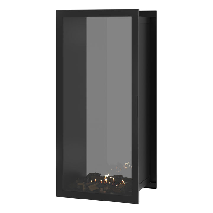 Bioethanol Einbau Tunnelkamin FAME Vertikal 70x200 cm mit Vollverglasung in Schwarz, Perspektivansicht mit geschlossener Glastür auf weißem Hintergrund