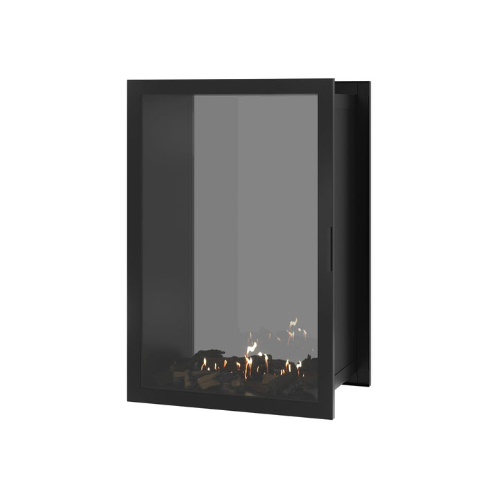 Bioethanol Einbau Tunnelkamin FAME Vertikal 80x100 cm mit Vollverglasung in Schwarz, Perspektivansicht mit geschlossener Glastür auf weißem Hintergrund
