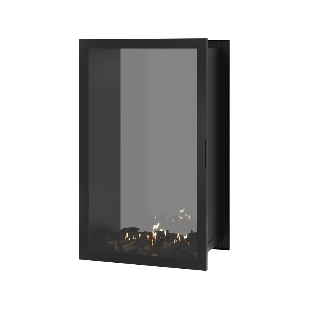 Bioethanol Einbau Tunnelkamin FAME Vertikal 80x120 cm mit Vollverglasung in Schwarz, Perspektivansicht mit geschlossener Glastür auf weißem Hintergrund