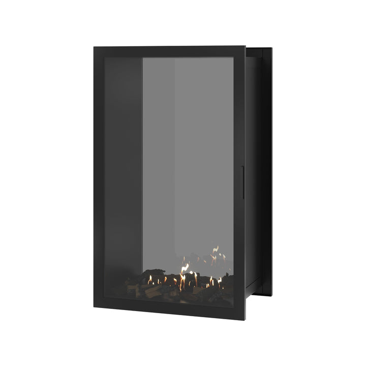 Bioethanol Einbau Tunnelkamin FAME Vertikal 80x120 cm mit Vollverglasung in Schwarz, Perspektivansicht mit geschlossener Glastür auf weißem Hintergrund