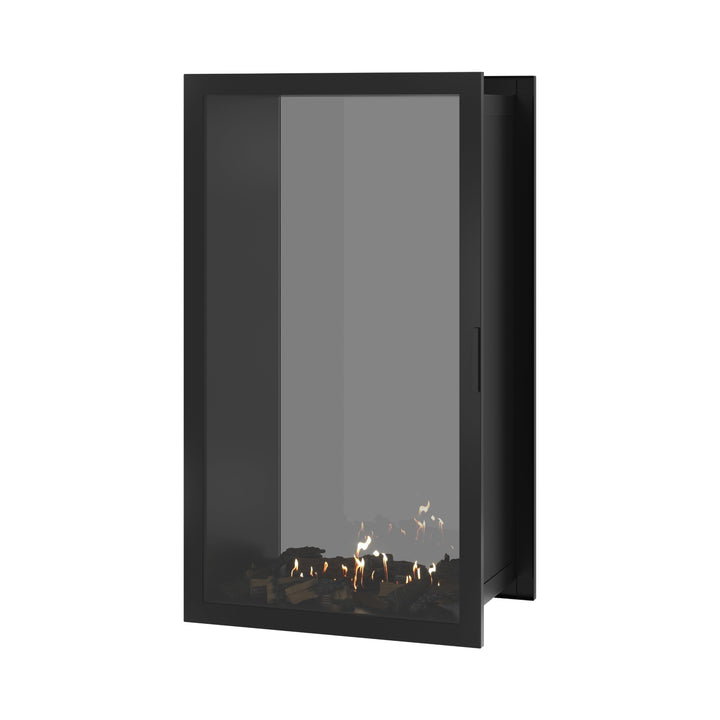 Bioethanol Einbau Tunnelkamin FAME Vertikal 80x140 cm mit Vollverglasung in Schwarz, Perspektivansicht mit geschlossener Glastür auf weißem Hintergrund