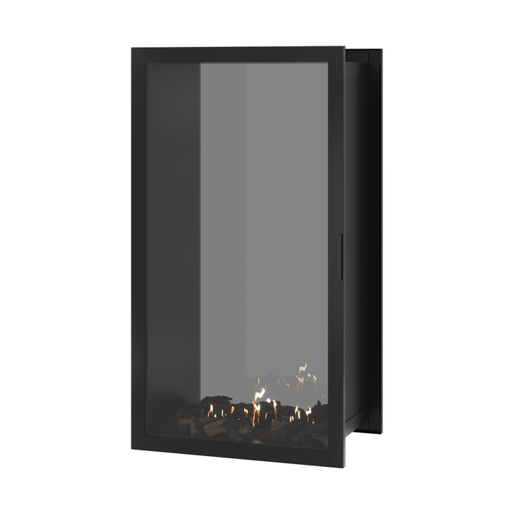 Bioethanol Einbau Tunnelkamin FAME Vertikal 80x160 cm mit Vollverglasung in Schwarz, Perspektivansicht mit geschlossener Glastür auf weißem Hintergrund