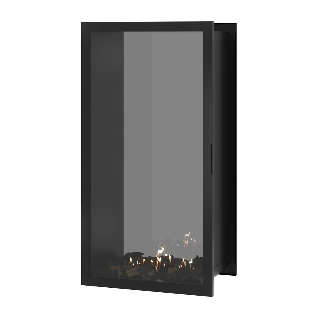 Bioethanol Einbau Tunnelkamin FAME Vertikal 80x180 cm mit Vollverglasung in Schwarz, Perspektivansicht mit geschlossener Glastür auf weißem Hintergrund