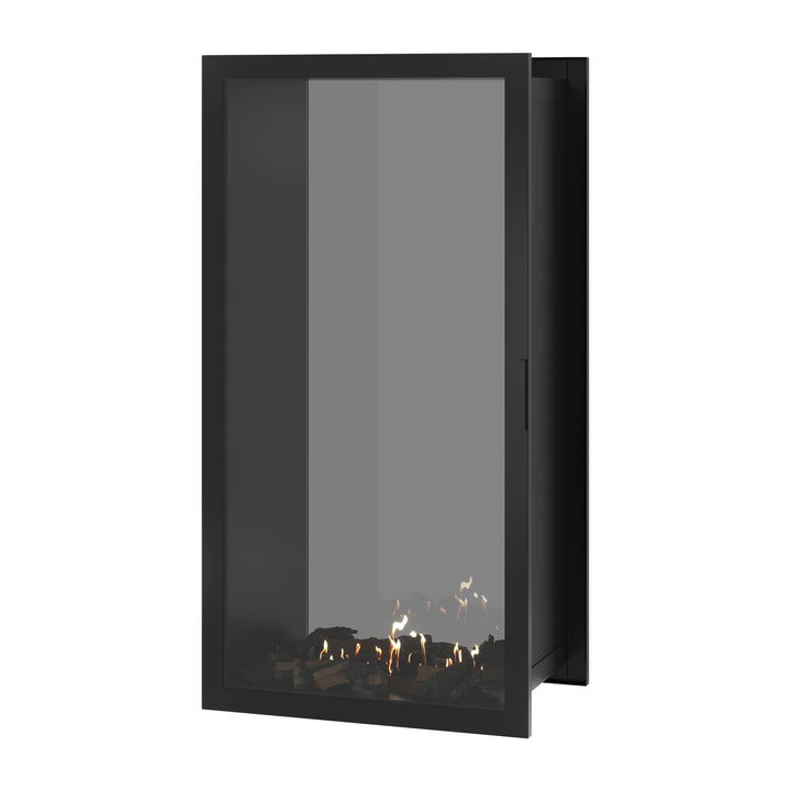 Bioethanol Einbau Tunnelkamin FAME Vertikal 80x180 cm mit Vollverglasung in Schwarz, Perspektivansicht mit geschlossener Glastür auf weißem Hintergrund