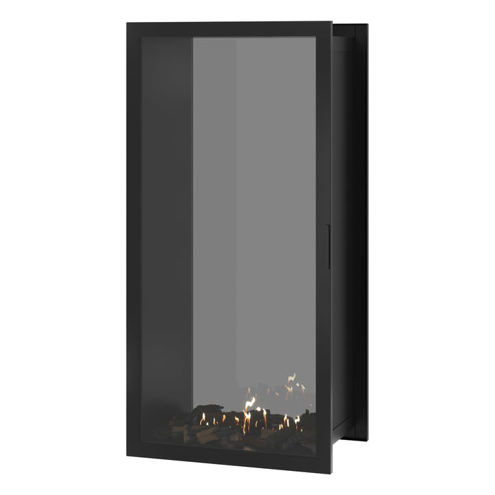 Bioethanol Einbau Tunnelkamin FAME Vertikal 80x200 cm mit Vollverglasung in Schwarz, Perspektivansicht mit geschlossener Glastür auf weißem Hintergrund