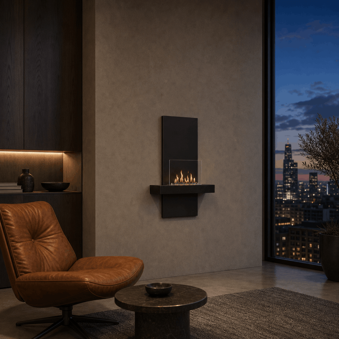 WIKAO Bioethanol Wandkamin ALIANO in Schwarz mit Glas in einem abendlichen Wohnzimmer mit Ledersessel und Stadtblick