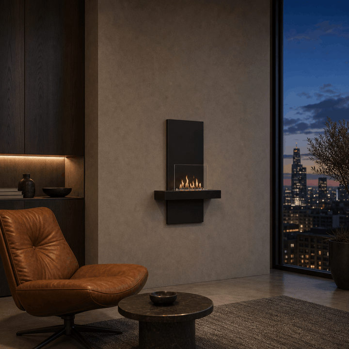 WIKAO Bioethanol Wandkamin ALIANO in Schwarz mit Glas in einem abendlichen Wohnzimmer mit Ledersessel und Stadtblick