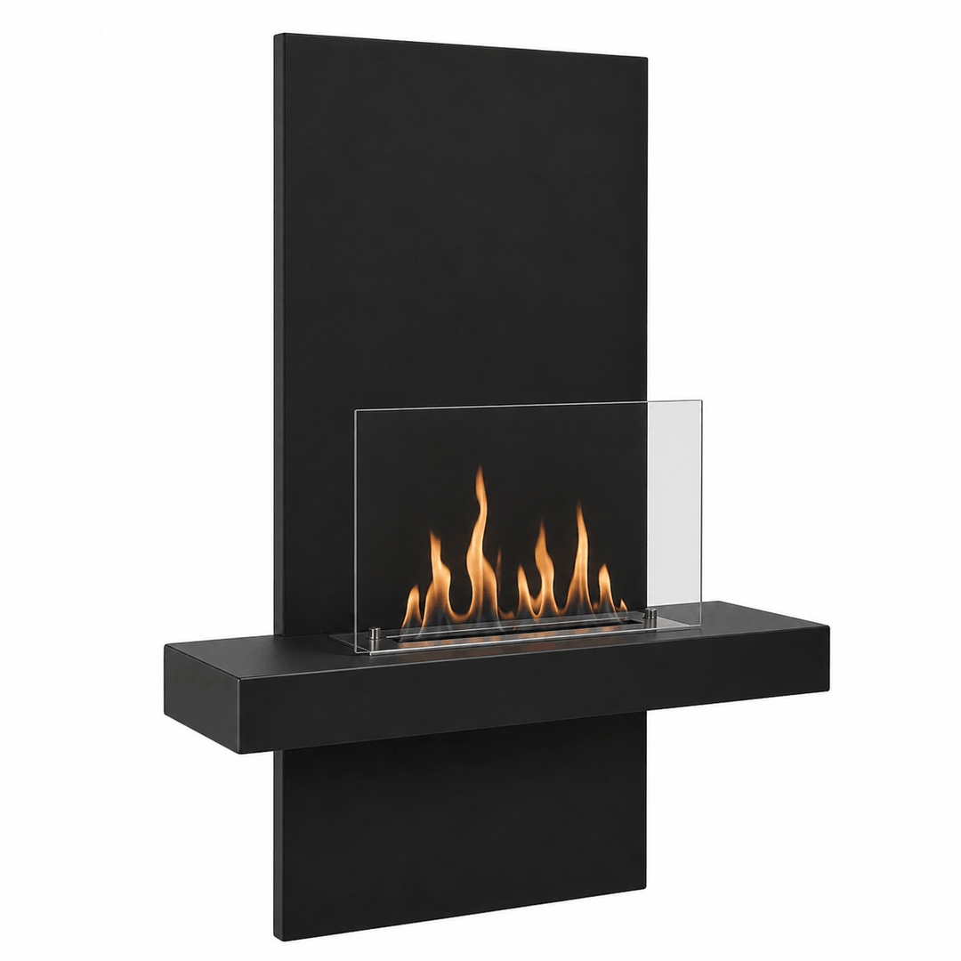 WIKAO Bioethanol Wandkamin ALIANO in Schwarz mit Glas, seitlich