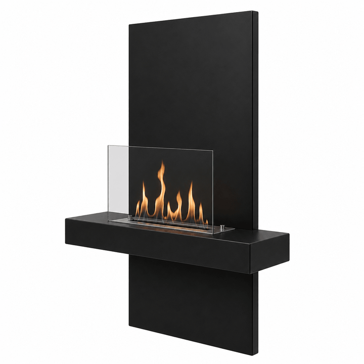 WIKAO Bioethanol Wandkamin ALIANO in Schwarz mit Glas, seitlich