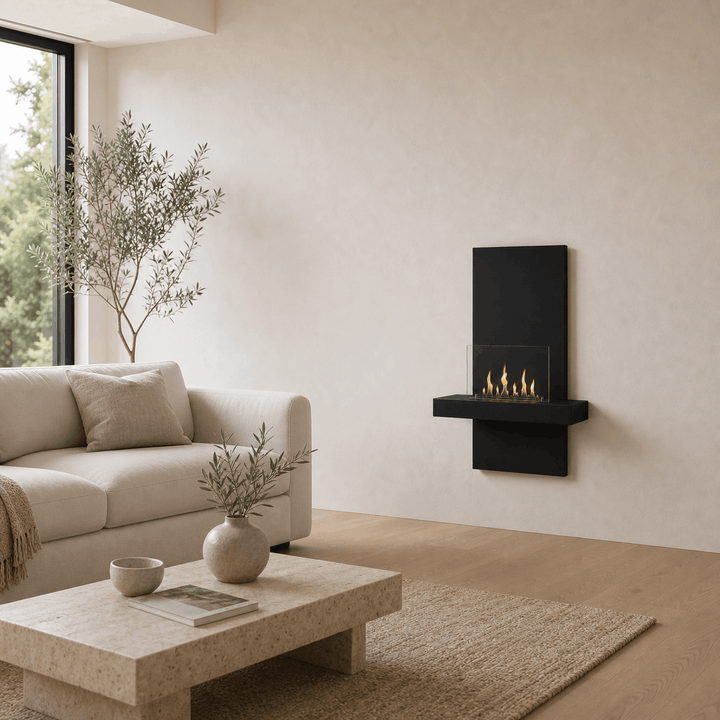 WIKAO Bioethanol Wandkamin ALIANO in Schwarz mit Glas in einem hellen Wohnzimmer mit Sofa und großer Pflanze