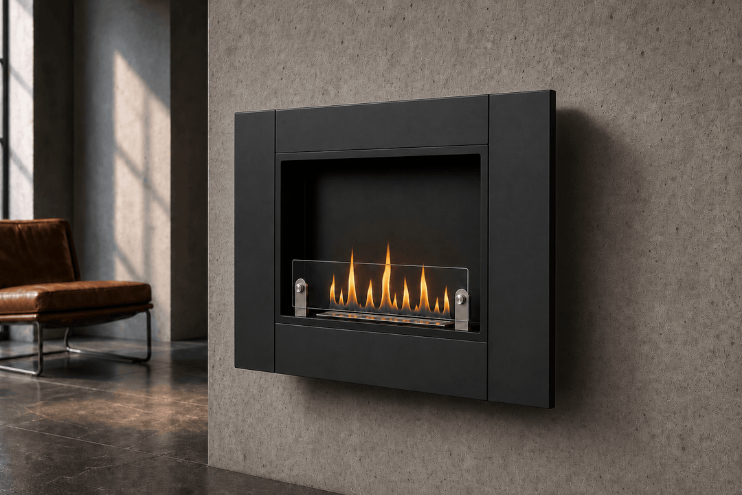 Bioethanol Wandkamin ANGEL in Schwarz mit Glas und Flammen in modernem Wohnzimmer