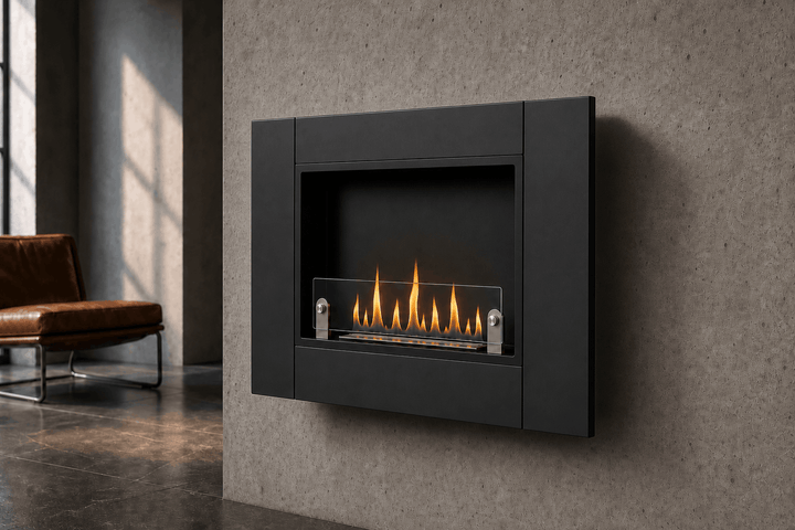 Bioethanol Wandkamin ANGEL in Schwarz mit Glas und Flammen in modernem Wohnzimmer