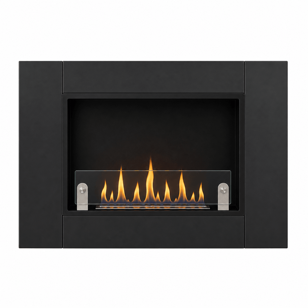 WIKAO Bioethanol Wandkamin ANGEL in Schwarz mit Glas, frontal mit Flammen