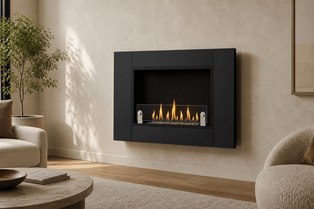 WIKAO Bioethanol Wandkamin ANGEL in Schwarz mit Glas an einer modernen Wohnzimmerwand