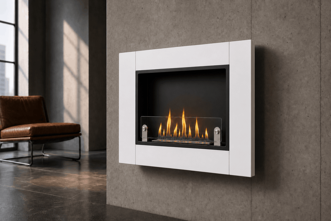 WIKAO Bioethanol Wandkamin ANGEL in Weiß mit Glas an einer grauen Betonwand im Loft
