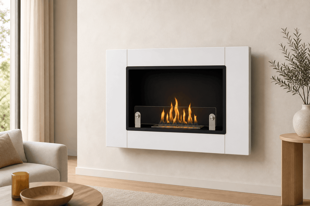 WIKAO Bioethanol Wandkamin ANGEL in Weiß mit Glas an einer hellen Wohnzimmerwand