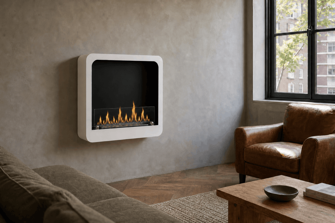 Bioethanol Wandkamin ARCADIA in Weiß mit Flammen im modernen urbanen Wohnzimmer