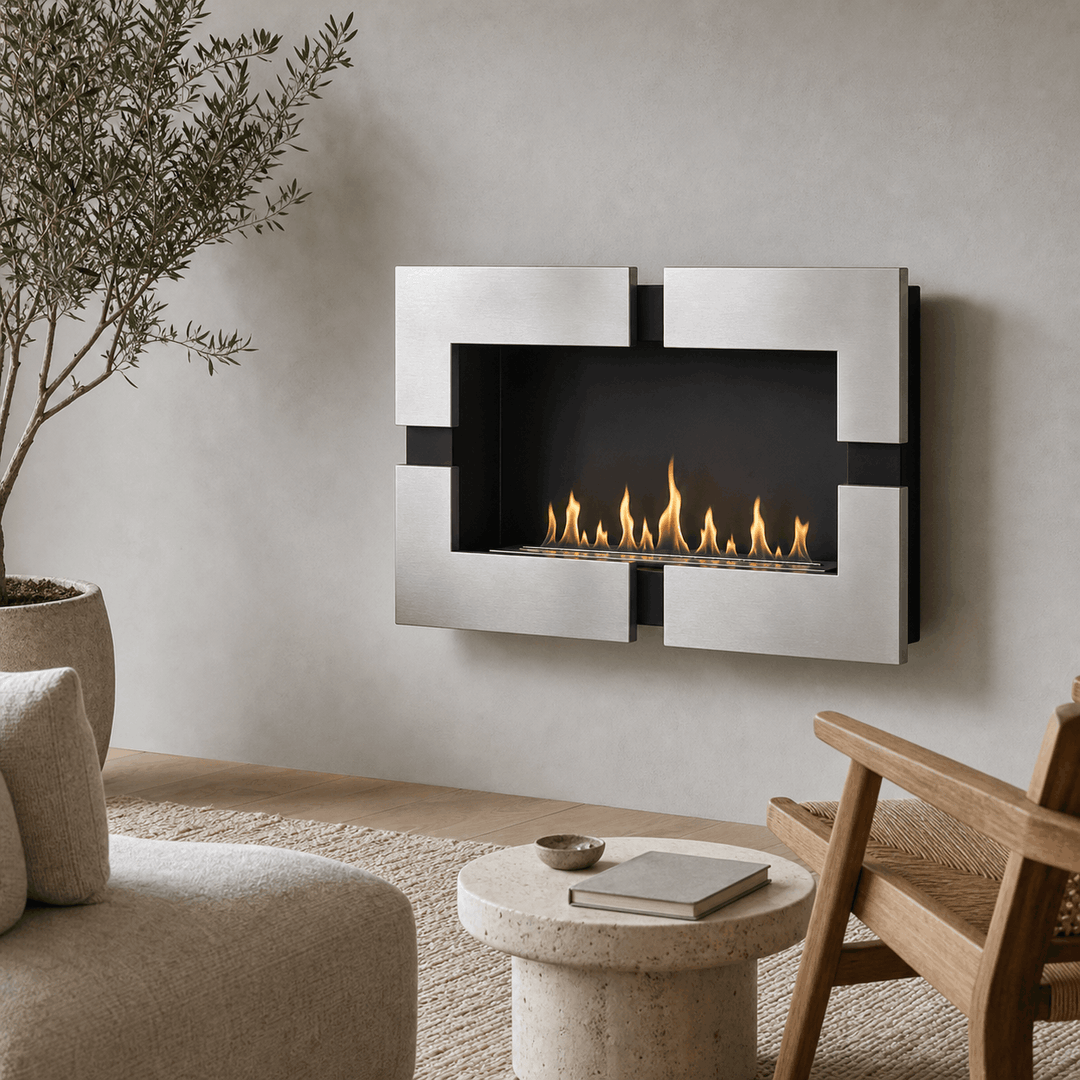 WIKAO Bioethanol Wandkamin BERGAMO RVS aus Edelstahl, seitlich in einem modernen Wohnzimmer mit Flammen