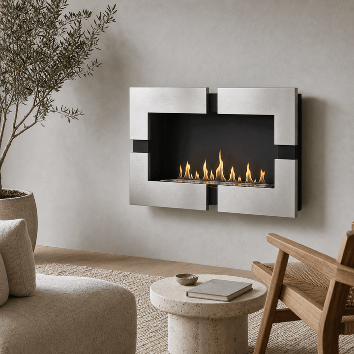 WIKAO Bioethanol Wandkamin BERGAMO RVS aus Edelstahl, seitlich in einem modernen Wohnzimmer mit Flammen