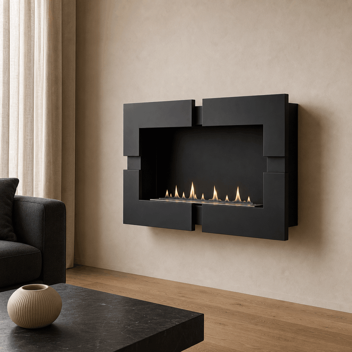 WIKAO Bioethanol Wandkamin BERGAMO in Schwarz, seitlich in einem modernen Wohnzimmer mit Flammen
