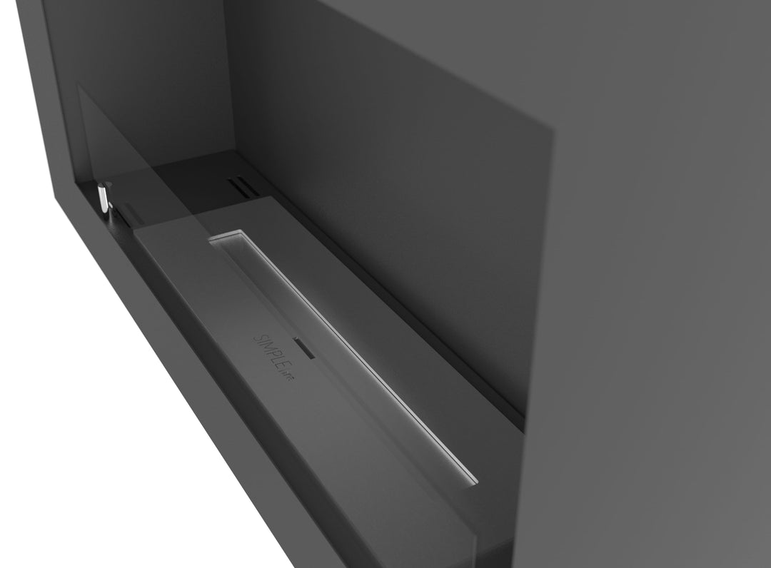 Bioethanol Wandkamin BLACK BOX 900 mit Glas InFire SimpleFire Innenraum Nahaufnahme Brennkammer