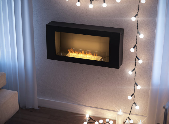 Bioethanol Wandkamin BLACK BOX 900 mit Glas InFire SimpleFire Wohnbereich Modern Nahaufnahme Wandmontage