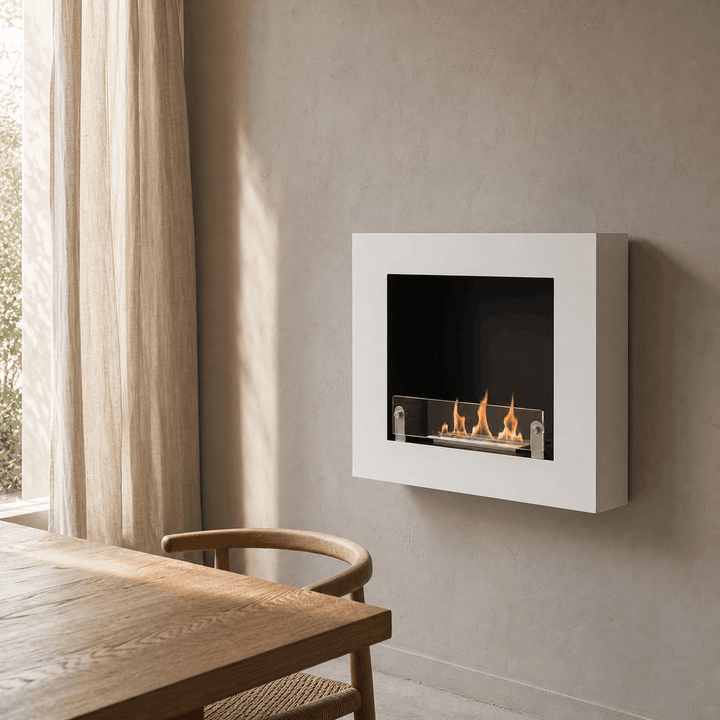 Bioethanol Wandkamin BRESCIA in Weiss mit Glas WIKAO Wand Ethanolkamin Esszimmer Modern Beige