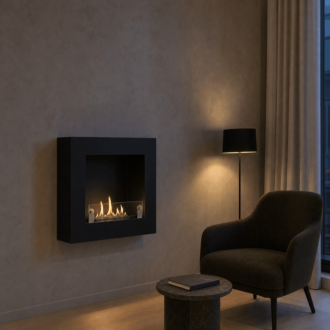 Bioethanol Wandkamin BRESCIA in Weiss mit Glas WIKAO Wand Ethanolkamin Wohnzimmer Modern