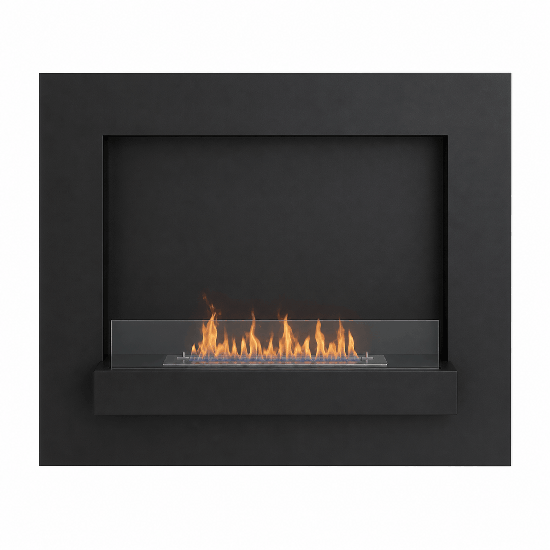 WIKAO Bioethanol Wandkamin DELIA in Schwarz mit Glas, frontal