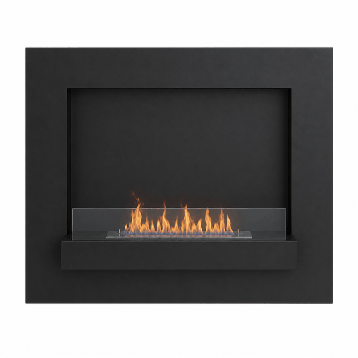 WIKAO Bioethanol Wandkamin DELIA in Schwarz mit Glas, frontal