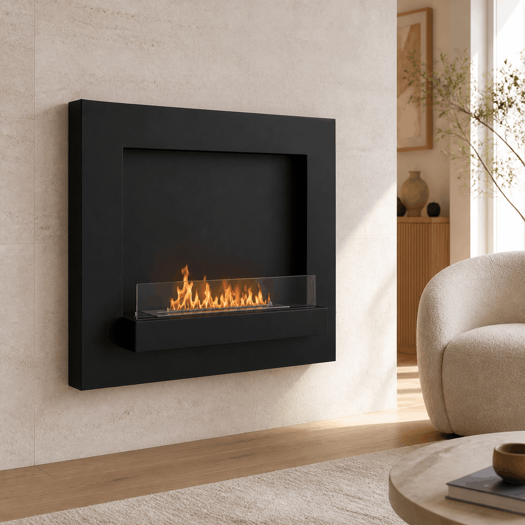 WIKAO Bioethanol Wandkamin DELIA in Schwarz mit Glas in einem hellen Wohnzimmer mit Sessel