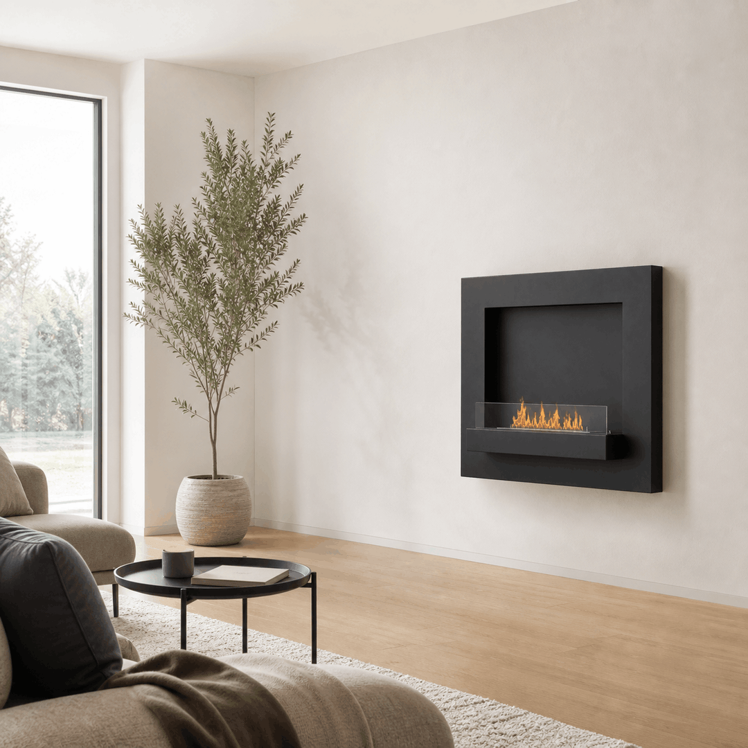 WIKAO Bioethanol Wandkamin DELIA in Schwarz mit Glas in einem hellen Wohnzimmer mit Sofa und großer Pflanze