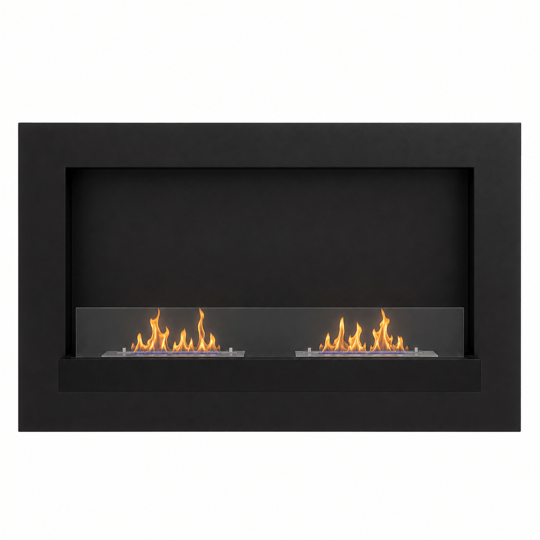WIKAO Bioethanol Wandkamin DELIA XL in Schwarz mit Glas und zwei Brennern, frontal