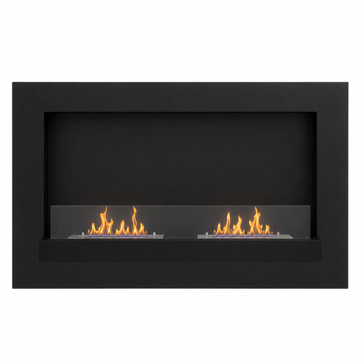 WIKAO Bioethanol Wandkamin DELIA XL in Schwarz mit Glas und zwei Brennern, frontal