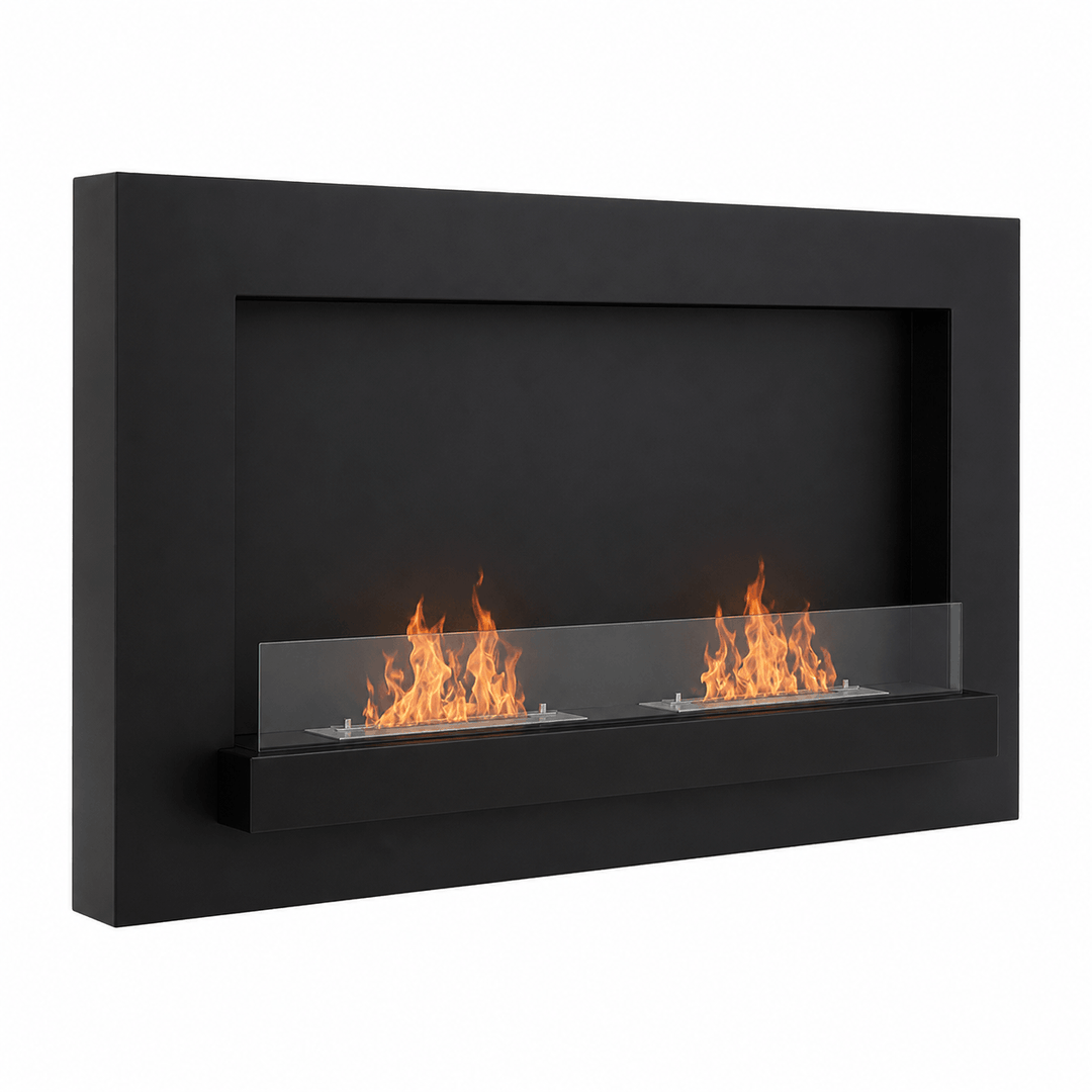 WIKAO Bioethanol Wandkamin DELIA XL in Schwarz mit Glas und zwei Brennern, seitlich
