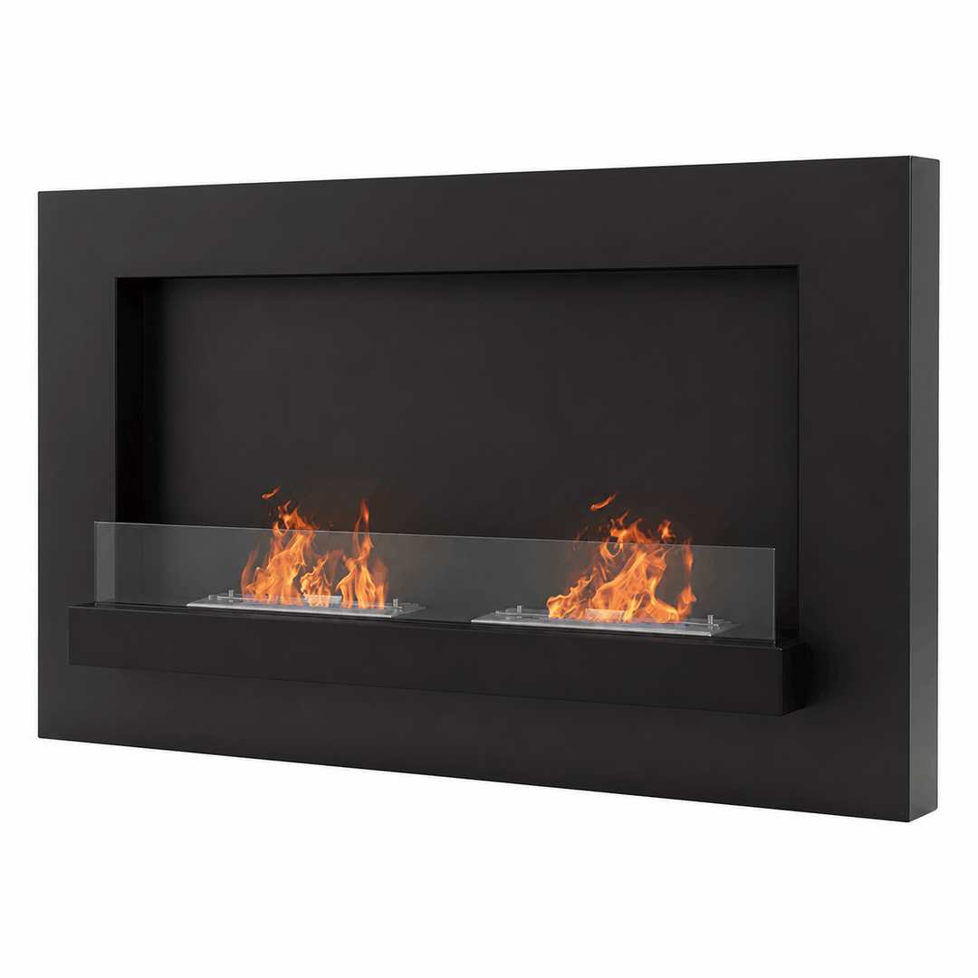 WIKAO Bioethanol Wandkamin DELIA XL in Schwarz mit Glas und zwei Brennern, seitlich