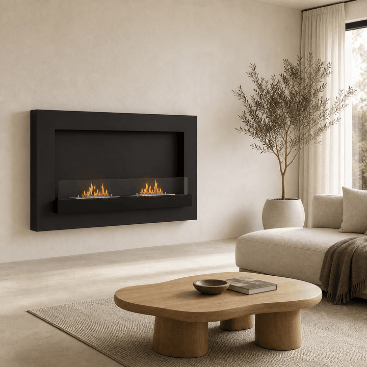WIKAO Bioethanol Wandkamin DELIA XL in Schwarz mit Glas und zwei Brennern in einem hellen Wohnzimmer mit Sofa und Holztisch
