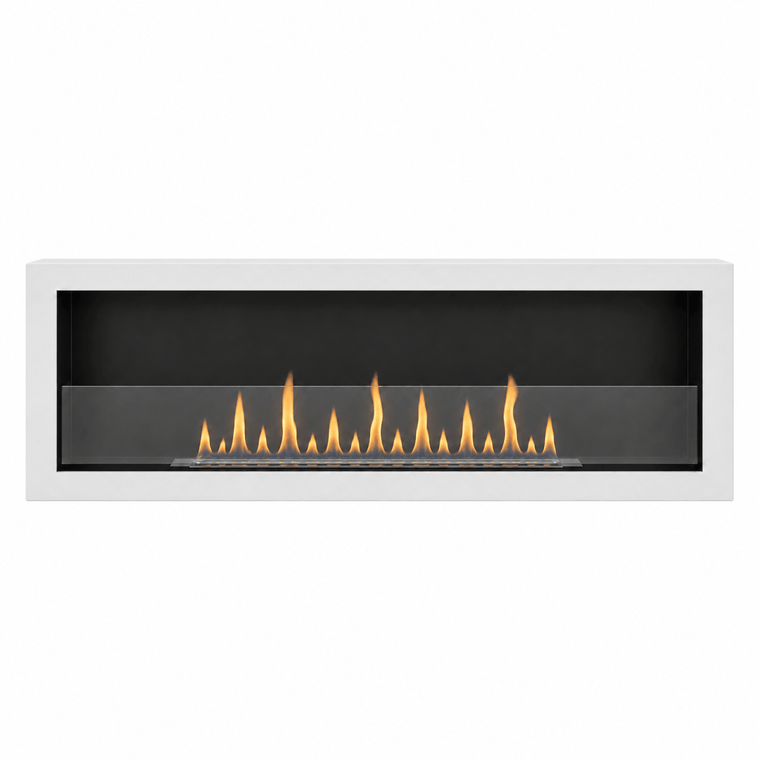 GMT Bioethanol Wandkamin DELUXE XL in Weiß mit Glas, frontal