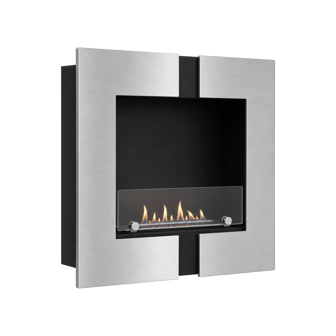 WIKAO Bioethanol Wandkamin und Einbaukamin DUO RVS in Edelstahloptik mit Glas, seitlich